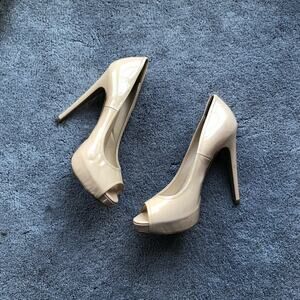 Prada patent leather peep toe heels in tan
